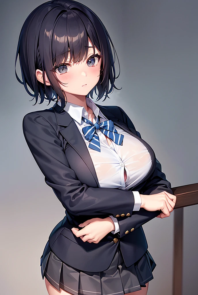 1 girl, glasses, high school uniform, (slim body:1.1), (huge breasts:1.2), (slender and long legs:1.2), black hair, short hair,
