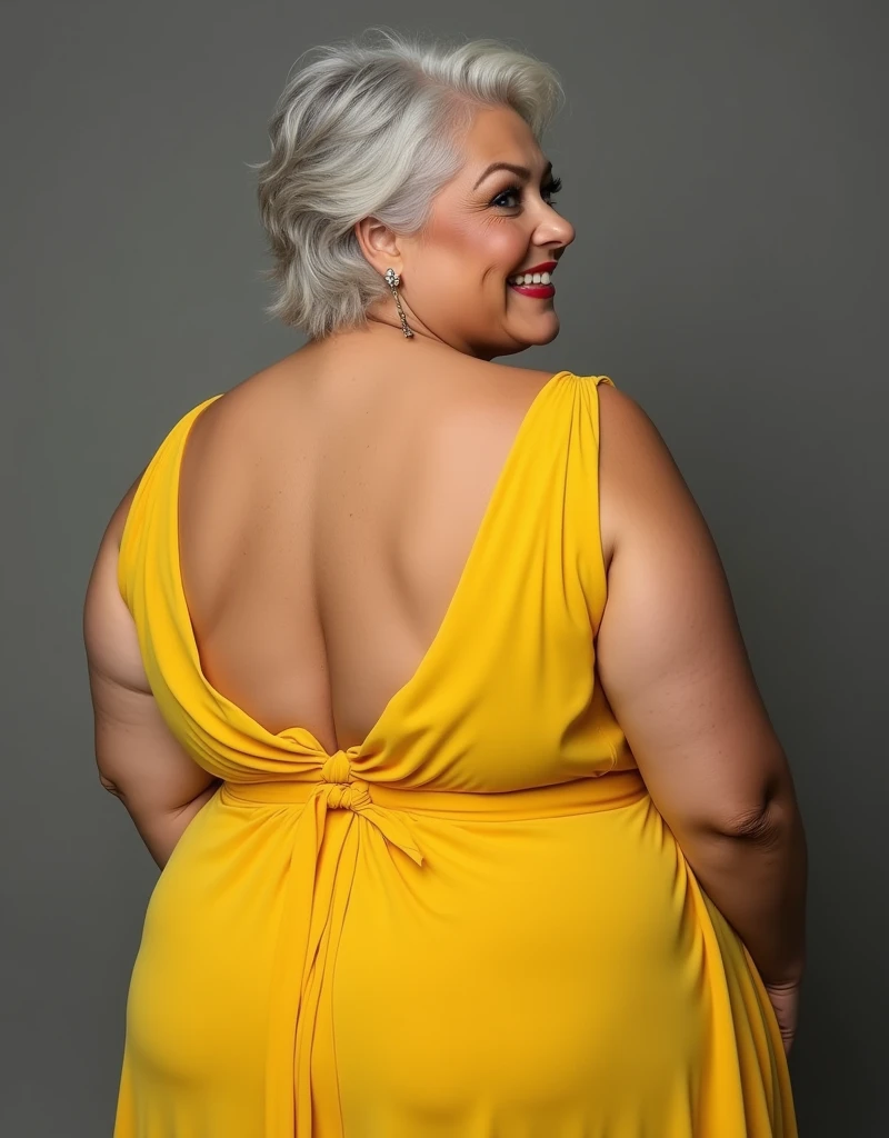 1 mature woman in, 60 years old, Alone, medium casual hair, Bob hair, curvy body, Looking at Viewer, whitehair, Bare shoulders, Brown eyes, jewely, Full body, a necklace, off shoulders, (wearing elegant patterned yellow heart tie dresses ), Distant photo, Realistic, A sexy one, beautiful colour, Perfect skin, 3 bust size, instagram (Realistic, A high resolution),photo size 3:4, 1 cute sexy mature woman, large expressive blue eyes, happy, (8K, raw photo, Best quality, High detail, curvaceous forms, curvy body, seductive pose, in the studio Foto with three ports lighting, with black wall background. Her back is turned to the photographer. 