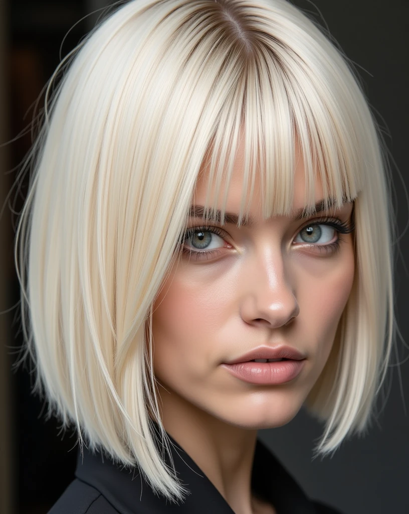 Close-up portrait of Nexia a young woman with a striking asymmetrical haircut:
Hair is parted slightly off-center, with the longer side sweeping across the left side of her face, partially covering her eye. The right side is tucked behind her ear, revealing more of her face. Hair length is just below the chin, with the ends perfectly straight and blunt cut. The platinum blonde color is uniform and bright, with a subtle warm undertone. The overall look is edgy, modern, and stylish, with the blonde color adding a bright, striking effect.
Image style: High-fashion editorial, ultra-sharp focus, hyper-realistic detail