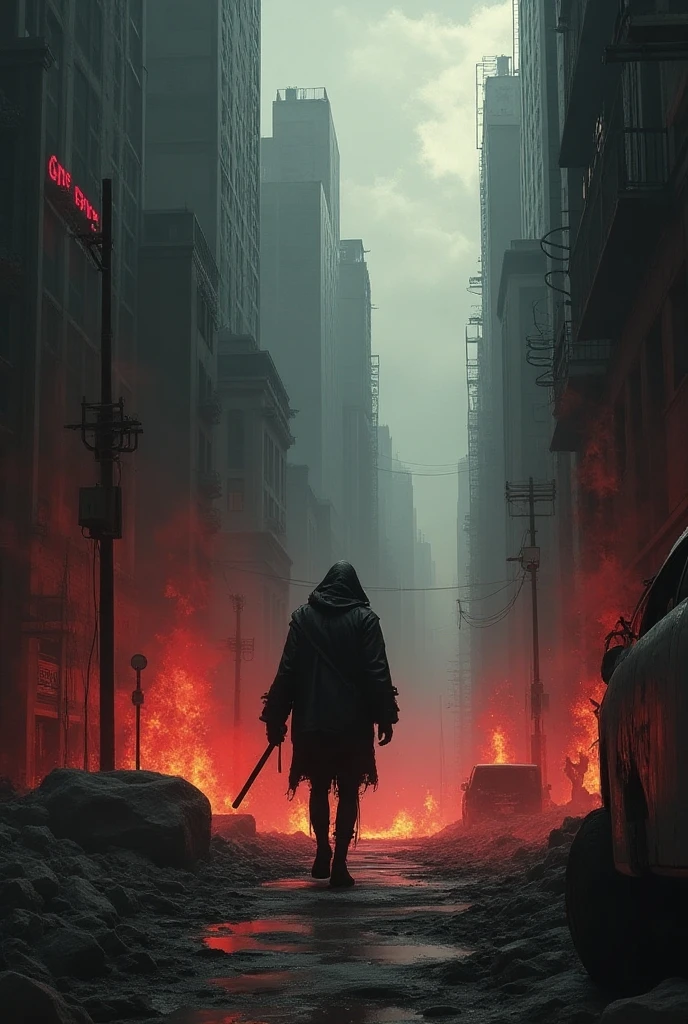 a scared man walking down a road towards a car in a red sunset, End of the World, End of the World, ominous apocalyptic background, acid rain, falling meteor, apocalyptic atmosphere, The End of the World, apocalypse art, ! landscape of the apocalypse!!, harrowing apocalyptic atmosphere, apocalyptic art, landscape of the apocalypse!!!!!, apocalyptic sky, bottom of hell, dramatic sci-fi film still, The World on Fire. Red background