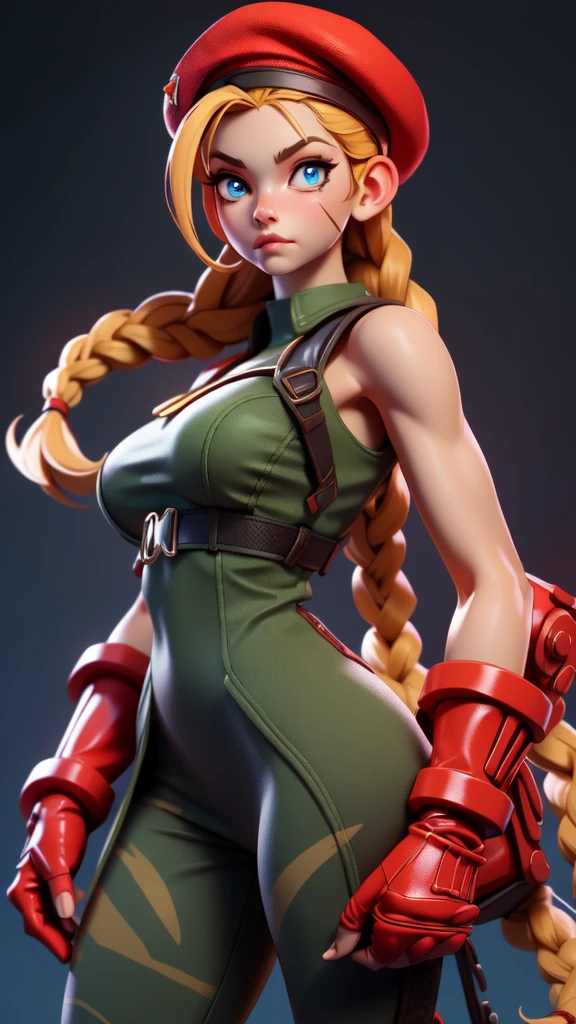  masterpiece ,  The best quality , highres, 1 girl, Cammy White, twin braids, long hair, blonde,  wavy antenna hair , beret, (red head:1.3), Blue eyes,  cheek scar , ((())), Large breast 36 DD, sleeveless, red gloves,  fingerless gloves, camouflage, COWBOY SHOT, standing, outdoors, arms at sides, Directly,