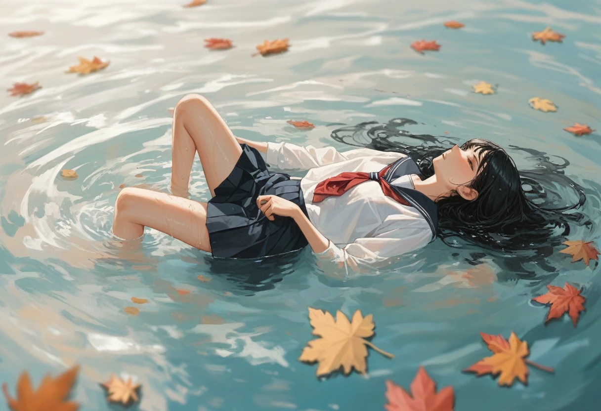 (high resolution,,)（Pool）(Full body view) 1girl((female ) (Black Hair、Long Hair)(lying on back)（Black school uniform）(,wet,,afloat）Girl drifting on the surface of the water with autumn leaves