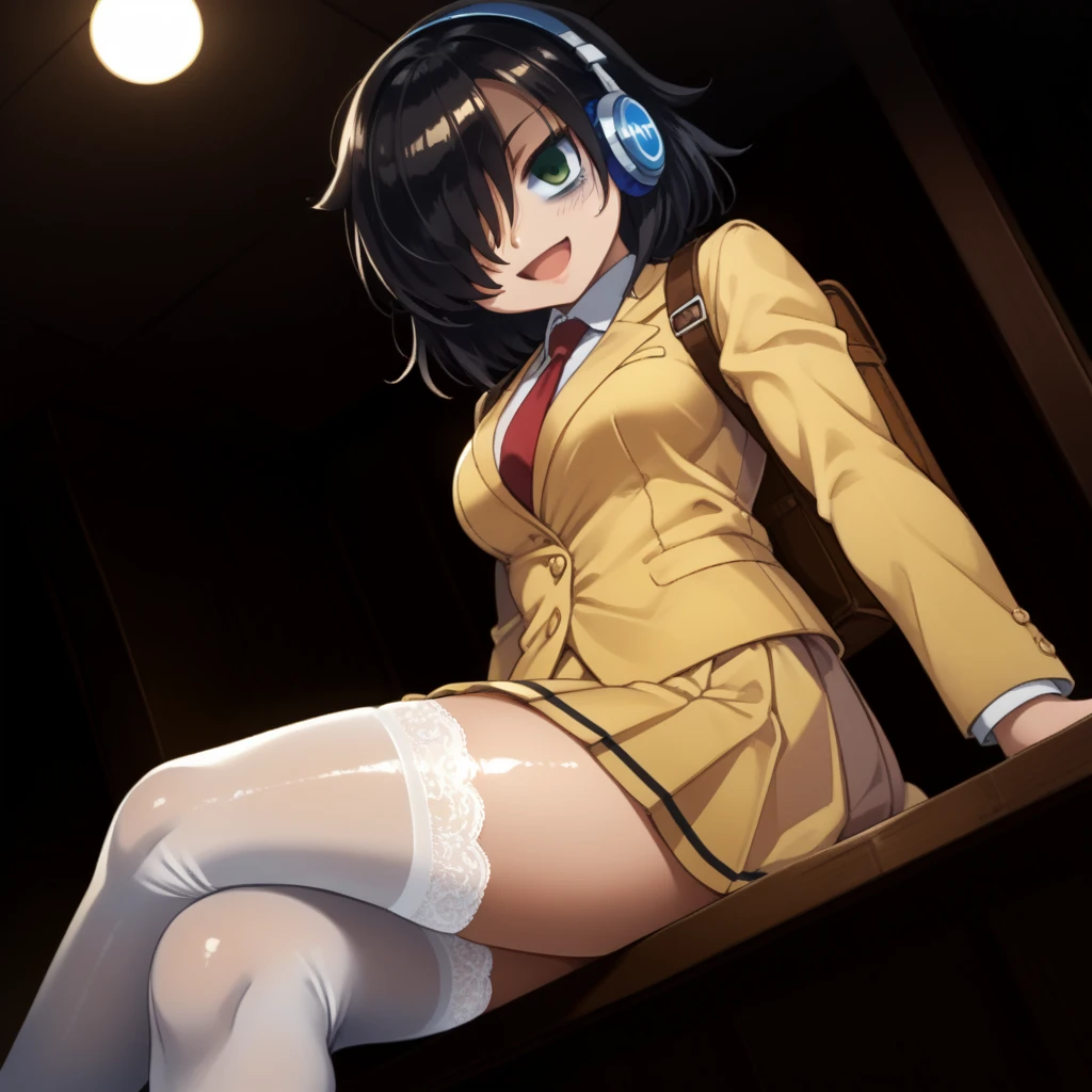 score_9, score_8_up, score_7_up,, solo, source_anime, tomokoxl, bags under eyes, hair over one eye black hair, medium hair, school uniform, red necktie, yellow skirt, short skirt, pleated skirt, yellow jacket, standing, cowboy shot, sitting, crossed legs, thick thighs, shiny skin, focus in crossed legs, underwear, white underwear, shiny underwear, lace underwear, white lace underwear, shiny lace underwear, panties, white panties, shiny panties, only crossed legs pose, sexy crossed legs, perfect crossed legs, sexy legs, big thighs, oiled thighs, oiled legs, smile, open mouth, glowing green eyes, evening time, dark room, breast, big breast, thigh highs, white thigh highs, lace thigh highs, high heels, black high heels, backpack, leather backpack, brown backpack, focus in crossed legs, focus in legs, headphones, blue headphones, Beat Studio headphones, blue Beat Studio headphones, from below, dutch angle,