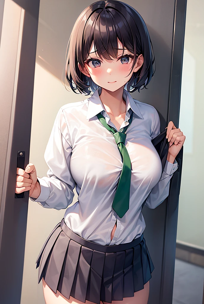 {{{beautiful}}}, amazing, (best quality:1.5), (masterpiece:1.5), extremely delicate and beautiful, intricate details, finely detailed, extremely detailed, beautifully detailed, ultra-detailed, (hyperdetailed:1.5), high resolution, (illustration), watercolor pencil, Clear line drawing, (ufotable style:1.1), ufotable screen cap, anime coloring, anime screencap, (latest picture), backlighting, dynamic angle, glow, depth of field, {{{body satisfaction}}}, (body with a good balance of style:1.5), (slender figure:1.5), perfect body, perfect hands, perfect feet, (two arms:1.3), (two legs:1.5), (five fingers each:1.3), (perfect joint:1.3), perfect joint movement, beautiful detailed eyes, (detailed eyes:1.5), finely detailed eyes, perfect anatomy, full dissection, perfect composition, correct limbs, balance and coordination in all things, realistic:0.5, precise fingers and hands, (finely drawn hair:1.5), {{{shy girl}}}, (black hair:1.3), (medium short hair:1.3), (straight hair:1.3), bangs, (blue eyes:1.3), (medium breasts:1.3), (small-sized buttocks:1.3), {{{school}}}, (classroom:1.3), desks, chairs, windows, curtains, {{{school uniform}}}, (white collared shirt:1.5), white shirt, breast tent, (unbutton the top button of the shirt:1.5), (checkered pleated skirt:1.5), checked skirt, pleated skirt, {{{blush}}}, shy, (sweat:1.5), (teary eyes:1.7), (ecstasy:1.5), gasping face, (ecstasy face), (white liquid drips between her legs and down her thighs:1.5), {{{masturbation}}}, female masturbation, masturbating, fingering, (solo:1.5), self-love, self fondle, 1girl, clothed, (standing:1.5), (forward-bent posture1.3), lean forward,