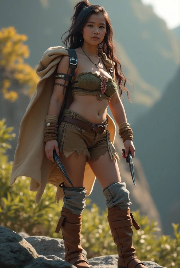 (High quality, 4K, hdr) 1个Giant Breast Girl, adventurer, Hat, extremely large bosom,Off-road suit, Aventureiros corajosos, Beautiful colors in the sky, Birds in the background, Animal, Large-scale harmonious forest, Pants. (Masterpiece, Ultra-realistic professional lighting, Ultra-thin 8K, Fine texture of detail background, Sharp face with perfect brushstrokes.