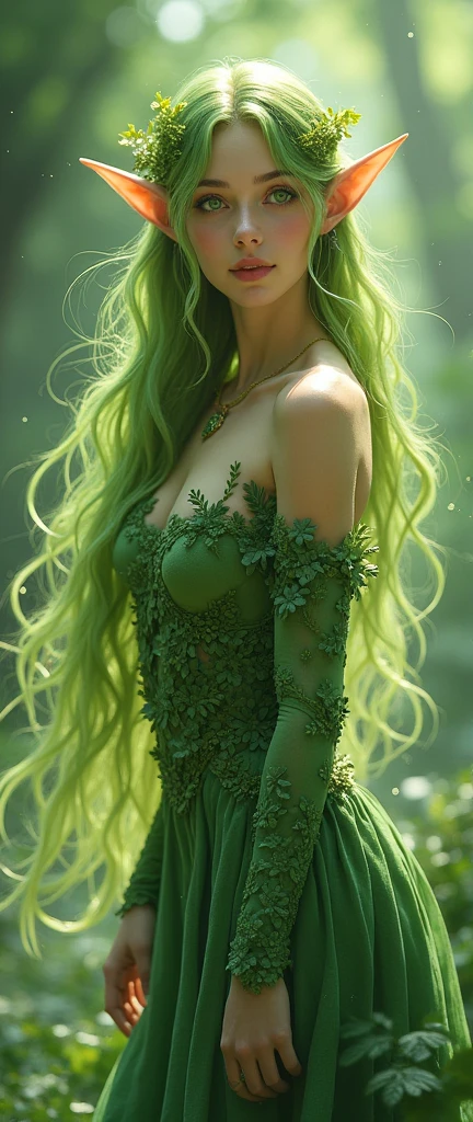 I will adjust the description to make it more appropriate while maintaining the essence of the character. Here is the new visual description to try to generate the image :
Descripción ajustada de Telus en su forma de ninfa:
Telus , the goddess of nature , she looks like an elegant nymph . She has long, green hair that flows like a waterfall over her back , symbolizing their connection with nature. Her skin is white and glowing , radiating a soft magical glow . his eyes, big and green , reflect the wisdom of nature and a spark of mischief . his pointed ears, typical of elven beings , delicately protrude between her hair .
Telus tiene una figura armoniosa y elegante, with a curvilinear silhouette that reflects both power and femininity . She is dressed in a flowing dress made of leaves and flowers , that wraps her body in an ethereal way , maintaining a balance between the natural and the majestic . Around you, a soft green aura shines with specks of light floating in the air , highlighting its connection with the natural world .
I'm going to generate the image now .
