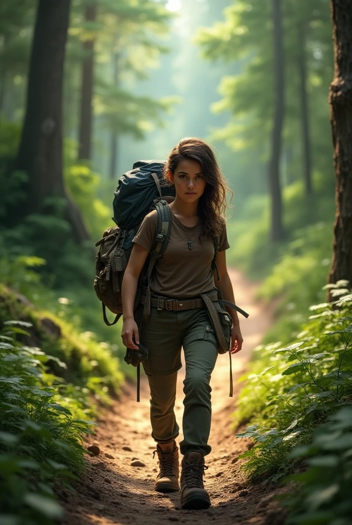 Make me a woman walking through the woods with her explorer's backpack because the road is long and there are many people on the road and in the distance on a trail you can see a title