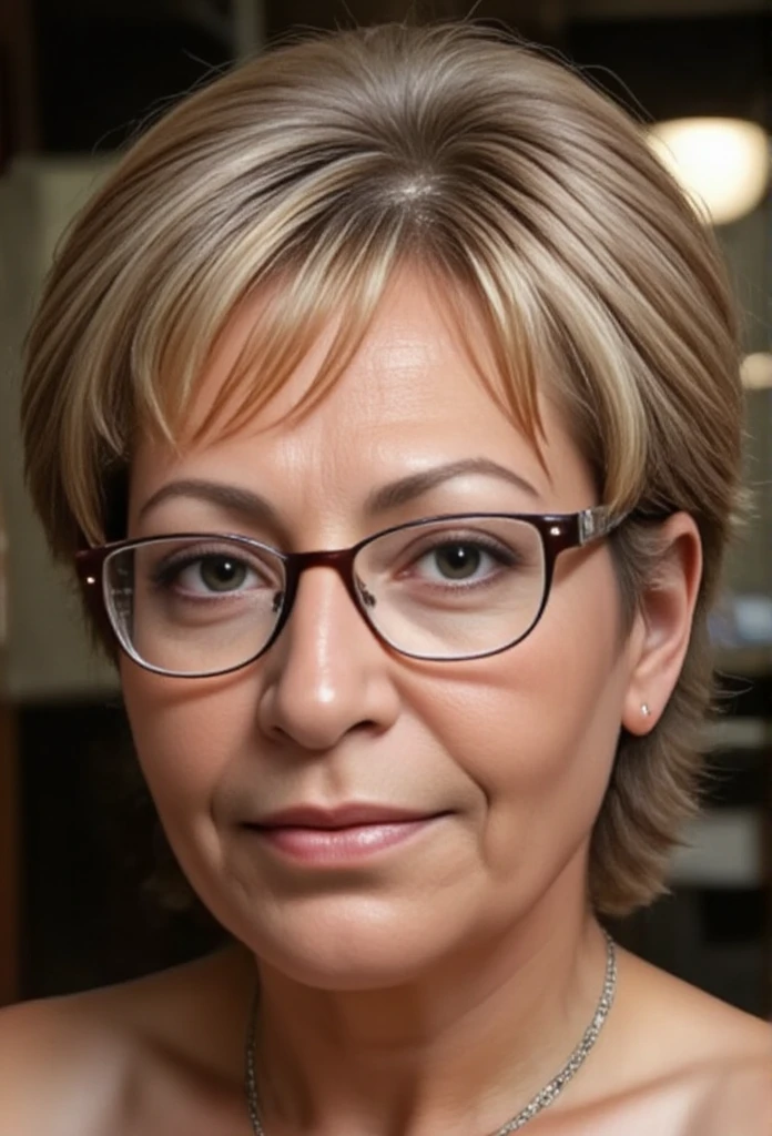 in cantina, Mature aged 60 Latina and , short pixie hair cut with blonde roots with glasses con tette cadenti flaccide e qualche neo, foto amatoriale con naturali imperfezioni e invecchiamento della pelle, indossa vestiti con violenza strappati e sporchi