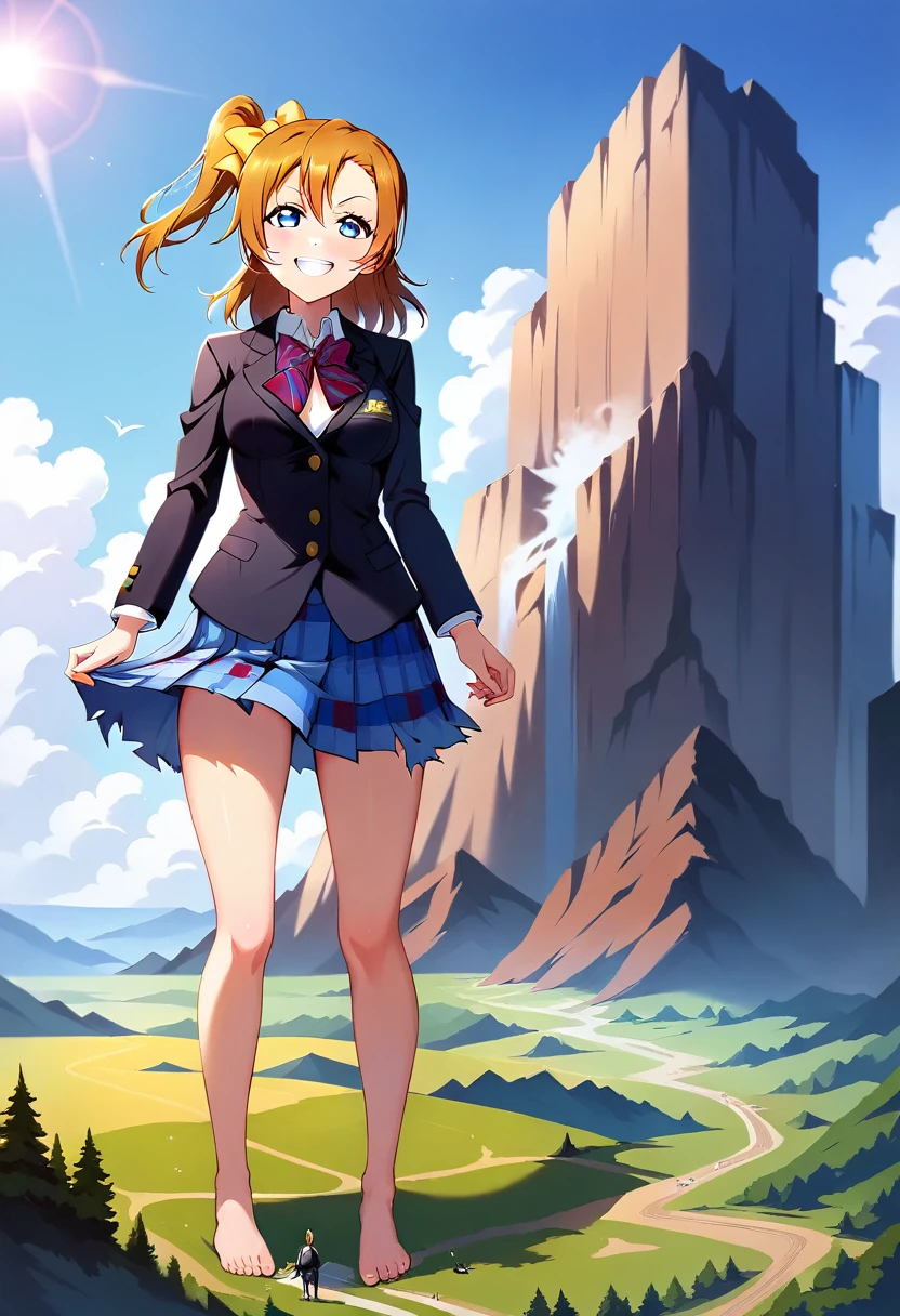 full body, sexy pose, score_9, score_8_up, score_7_up, Nsfw, Masterpiece, best quality, illustration, hd, 4k, cartoon, 1girl, giantess, giga size, barefoot, landscape, cityscape, tiny city, smug expression, devious grin, torn clothes, ripped clothes,kousaka honoka, school uniform, black blazer, blue plaid skirt, one side up, yellow hair bow, red bowtie, medium hair, brown hair, blue eyes