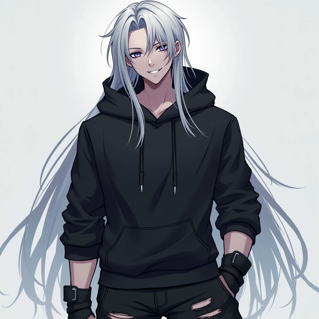 A young man of 25 years, defined body, very long hair, messy top, black eyes, very beautiful, defined beauty, smile flirtatiously, rocker, black leather jacket, black t-shirt, worn black pants, sitting sexually, sticking out tongue, Flirty attitude, bulge in pants,