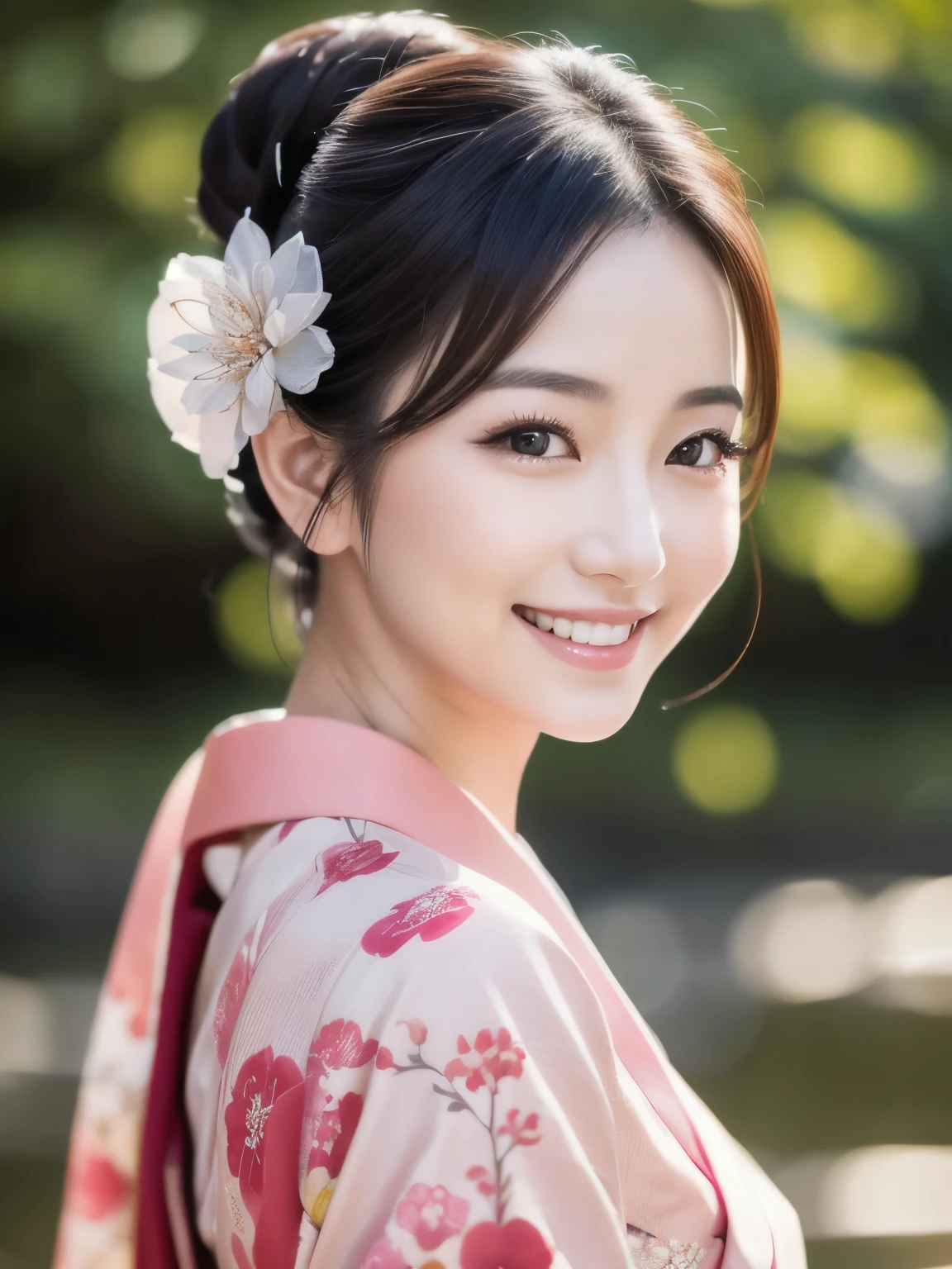 (best quality,highres,ultra-detailed),((portrait )),1beautiful Japanese lady,beautiful detailed eyes,((grin)),beautiful detailed lips,extremely detailed face,longeyelashes,soft smile,flowing hair,natural lighting, wearling japanese elegant Kimono,((Hair up)),((smiling)),