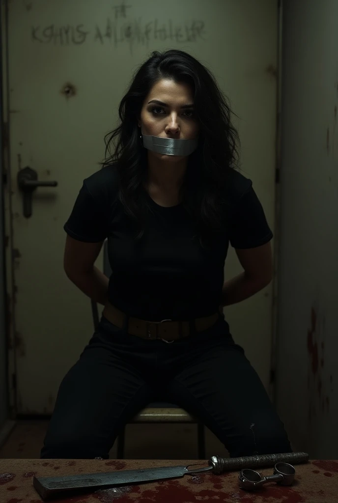 spy in jumpsuit handcuffed and gagged with tape