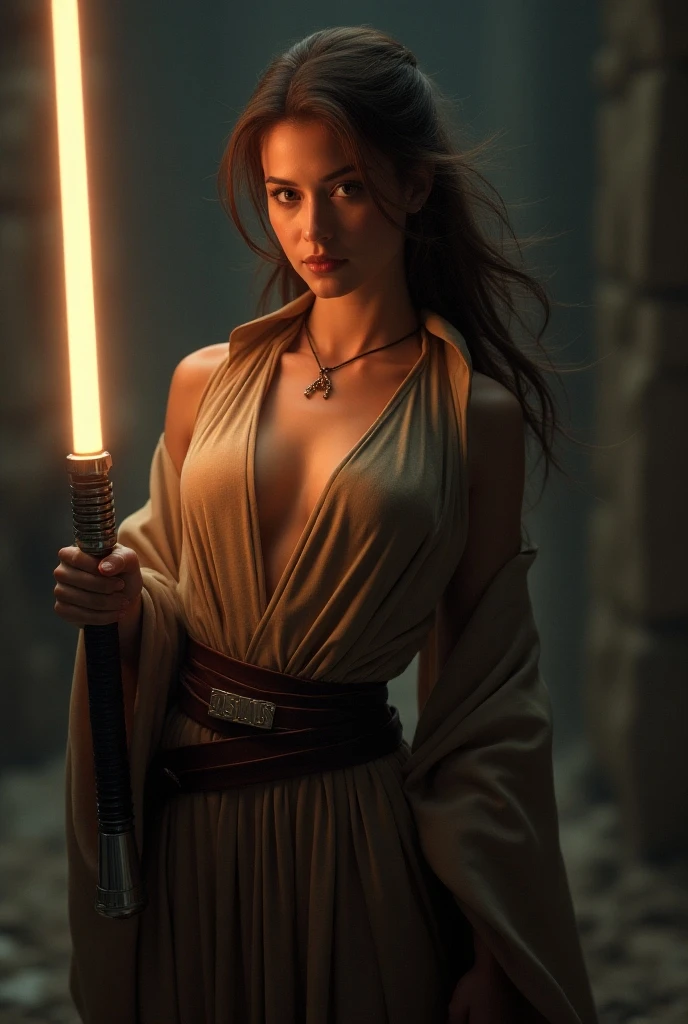 sexy masterpiece, best quality, highest quality, high definition, highly detailed, 8K, female jedi in tan robes with single lightsaber at her side, athletic and fit body, naughty, slutty, perfect hands, detailed hands, perfect eyes, detailed eyes, flirty, sexy, naughty, posing, hands and arms at sides, large perky boobs, realistic, HDR, UHD, dynamic, Imperial starship, Star Wars, good lighting, jedi robes, cleavage