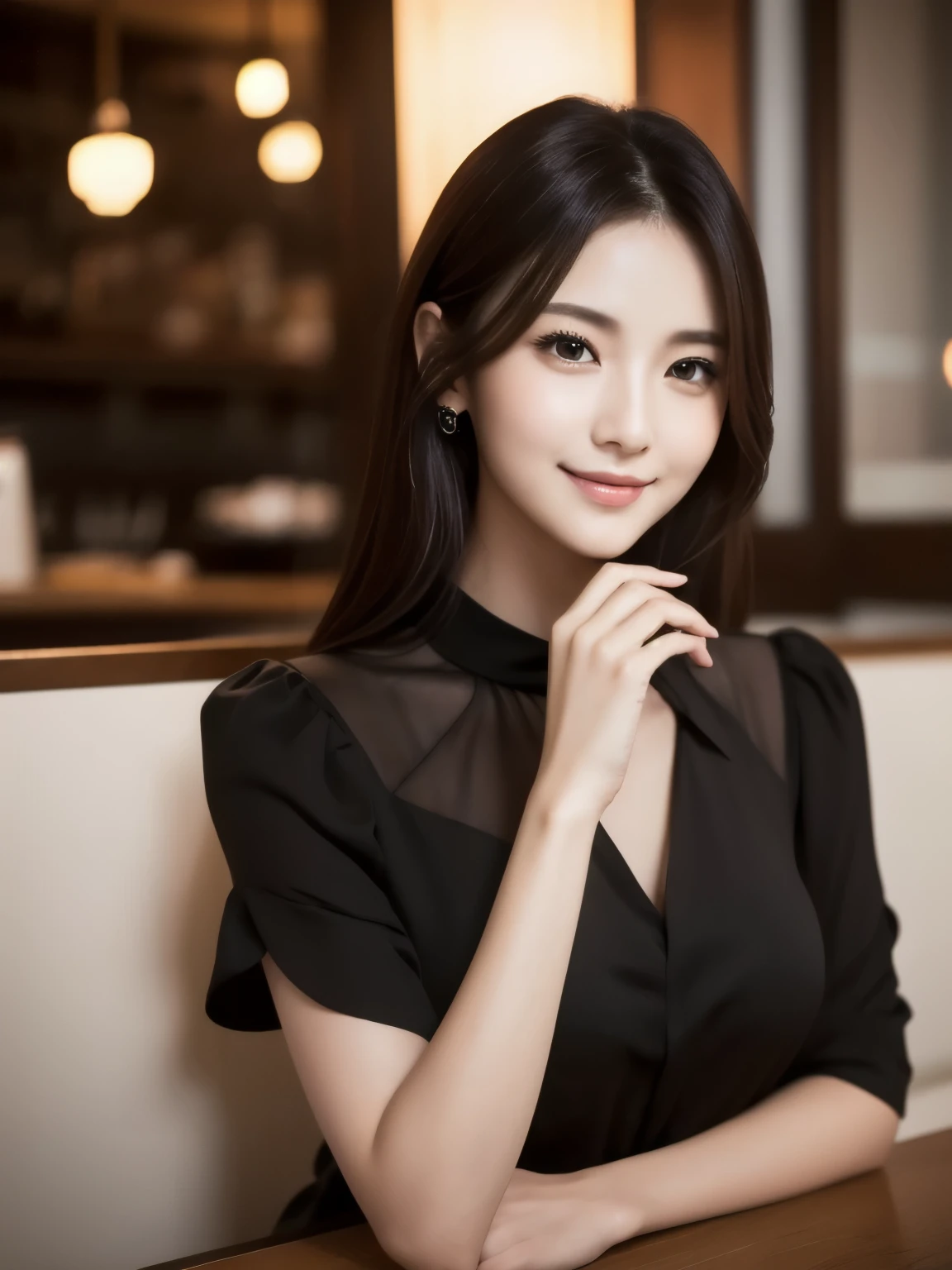 1 girl, (Wearing a black blouse:1.2), beautiful japanese actress,
(Raw photo, highest quality), (realistic, Photoreal:1.4), masterpiece, 
very delicate and beautiful, very detailed, 2k wallpaper, wonderful, 
finely, Very detailed CG Unity 8K wallpaper, Super detailed, High resolution, 
soft light, beautiful detailed girl, very detailed目と顔, beautifully detailed nose, beautiful and detailed eyes, cinematic lighting, 
break
(With a stylish cafe interior as the background 1.3), Lights in the cafe, 
perfect anatomy, slender body, smile, Face the front completely, look at the camera