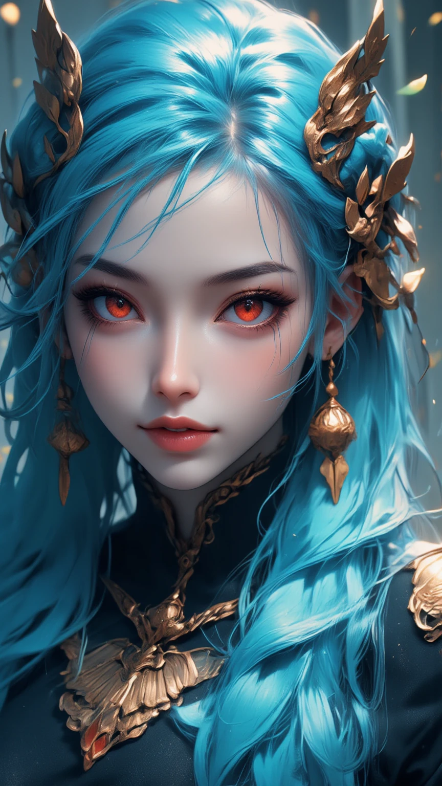  23-year-old woman with matte blue hair , Tall measure 1 .75 m...  vibrant red eyes and a harmonious face that has .  lenses and that her hair has braids with lotus flower accessories such as. if it were a crown . With human ears 