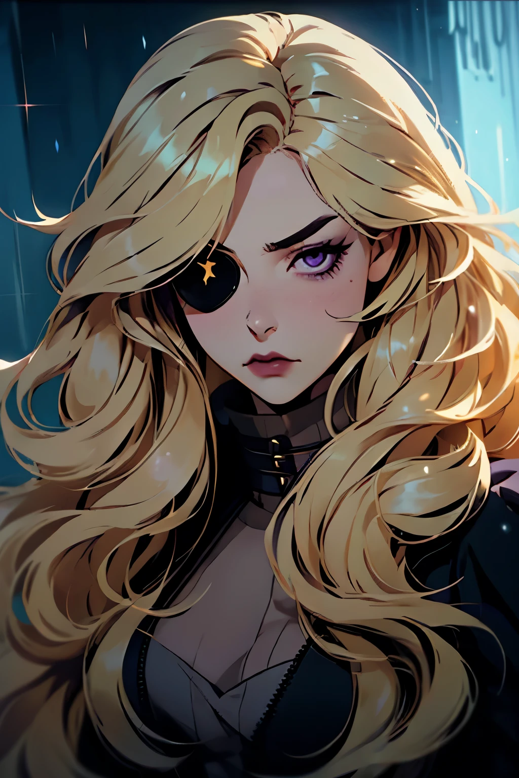 hyper-realistic of a sensual woman with flowing light blonde hair, piercing violet eyes, backwards, looking back, upper body, (dark dress), (dark lips), yang xiao long, young, ((winter)), black overcoat, her golden locks flow down her shoulders like waterfalls, charming, manwha style, one eyepatch, light eyebrows, blonde eyebrows