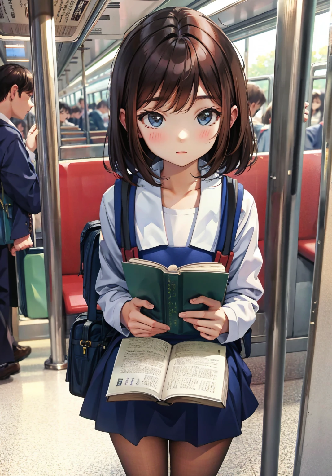 Crowded morning train。Reading a book、Girl commuting to school with her pussy bare