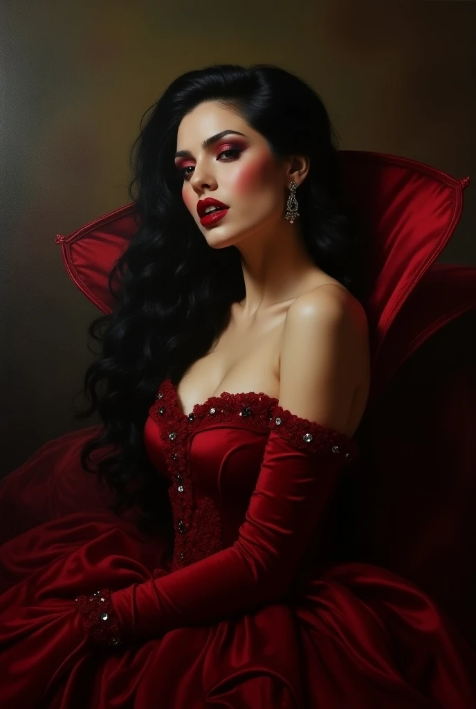 A woman with scars on her face from fire, She is wearing an elegant red dress, Long hair, lying on a long black velvet sofa, With a white porcelain mask covering her face, her eyes shine with a reddish tone in anime and comic style.