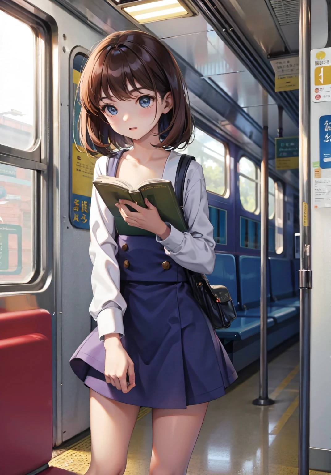 Crowded morning train。Naked girl on her way to school reading a book