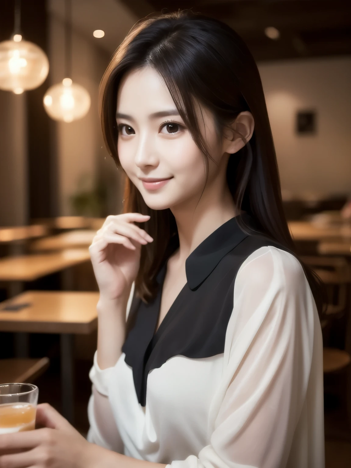 1woman, (Wearing a black blouse:1.2), beautiful japanese actress,
(Raw photo, highest quality), (realistic, Photoreal:1.4), masterpiece, 
very delicate and beautiful, very detailed, 2k wallpaper, wonderful, 
finely, Very detailed CG Unity 8K wallpaper, Super detailed, High resolution, 
soft light, beautiful detailed girl, very detailed, beautifully detailed nose, beautiful and detailed eyes, cinematic lighting, 
break
(With a stylish cafe interior as the background 1.3), Lights in the cafe, 
perfect anatomy, slender body, smile, Face the front completely, look at the camera