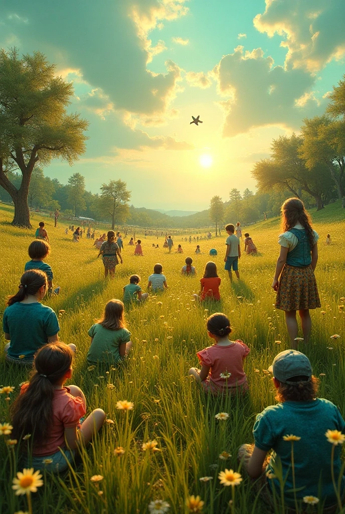 A bright, sunny day, people seated in a grassy field, stitched textures and mechanic colors blending seamlessly, glowing gems and fluff paint adding a magical effect,varying mechanic textures and colors, sewn and stitched to make image, 3-d effect, dramatic shading, intoxicatingly bright golden gems, include fluff paint, hd, 