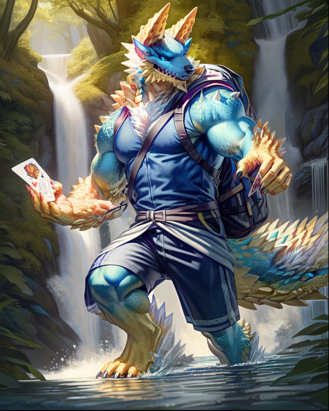 anthro,(Zinogre:1.2),tail,((Full body, blue eyes, blue body,  white furry ,  yellow hand ,  yellow feet , Blue face,4TOES,tails )),((Horns)), muscular, nipple, , ( holding card ),waterfall, 
sharp teeth, Spikes, detailed hands, Traveler  ,Spikes, detailed feet, ((rucksack, )), (( travel clothing , Western, )), River, 
( of zero spirit ,von raccoon21,masterpiece,  high quality ), 