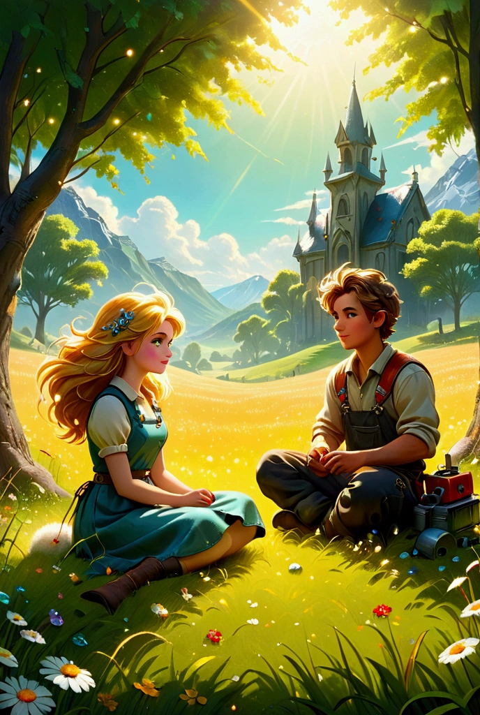 A bright, sunny day, people seated in a grassy field, stitched textures and mechanic colors blending seamlessly, glowing gems and fluff paint adding a magical effect,varying mechanic textures and colors, sewn and stitched to make image, 3-d effect, dramatic shading, intoxicatingly bright golden gems, include fluff paint, hd, 