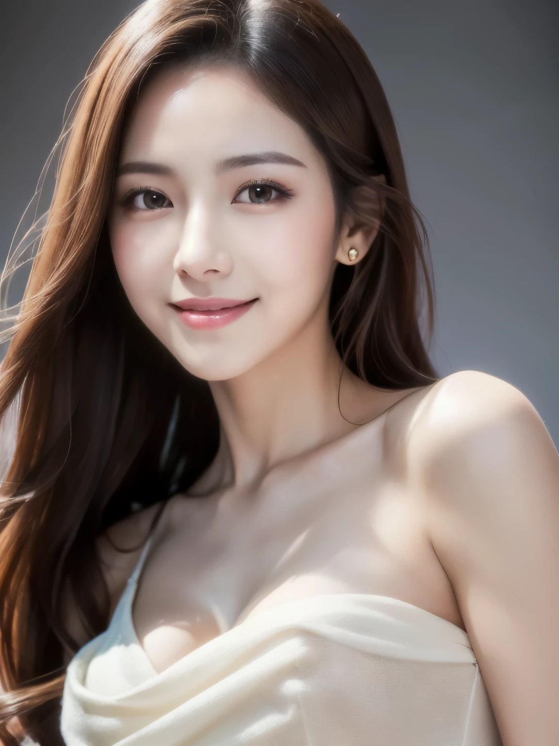 1woman,beautiful vintage color, ((smile)),instagram (photorealistic, high resolution:1.4), ((puffy eyes)),((long hair)), looking at viewer, , full body (8k, RAW photo, best quality, masterpiece:1.2), (realistic, photo-realistic:1.37),(sharp focus:1.2), professional lighting, photon mapping, radiosity, physically-based rendering, (pale skin:1.2),portrait, (simple background:1.4), solo, upper body, realistic,(masterpiece:1.4),(best quality:1.4),(shiny skin),makeup,smile(skinny,closed mouth,shy :1.3) 
