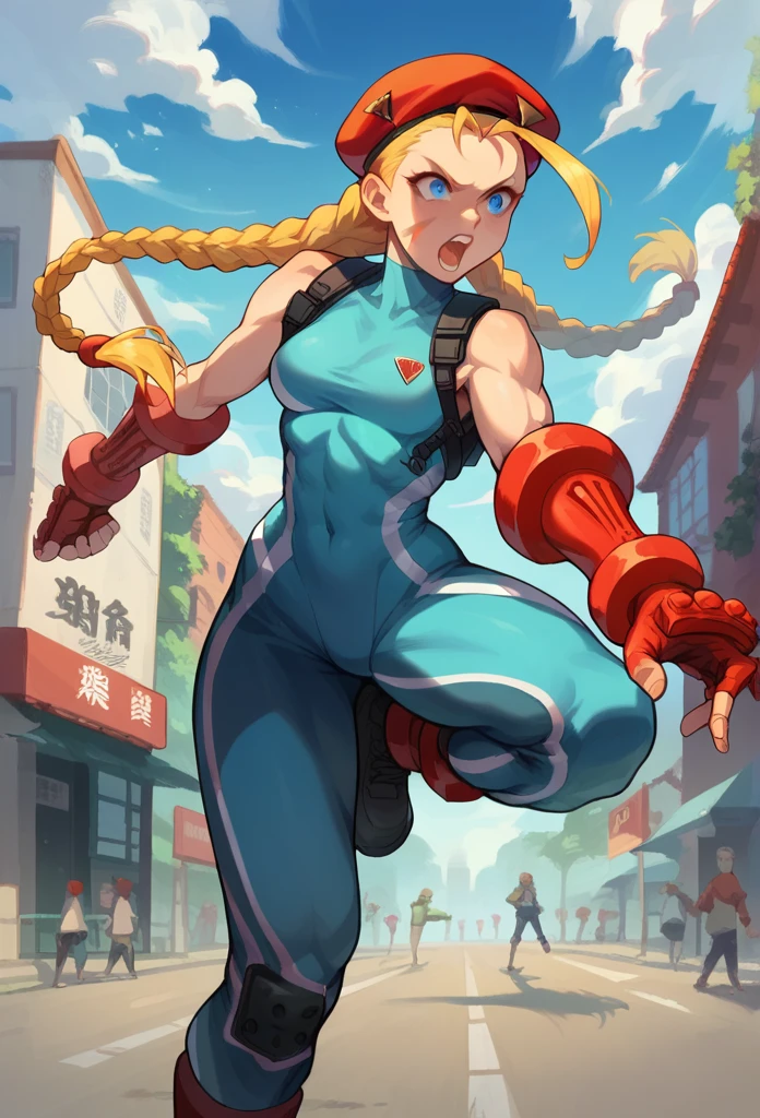 Realistic image of young Cammy from Street Fighter II, kicking over the observer. exterior, Chinese commercial street, Ultra detailed, open mouth, braided pigtails, blue eyes, dynamic pose