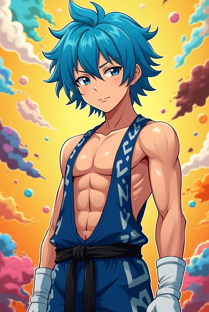 A drawing of a man wearing a sexy, lacy swimsuit, very sexy, toned and slim body, arms up and behind the head, medium hair tied in a wolf tail, wild look, stick marked under the fabric.
