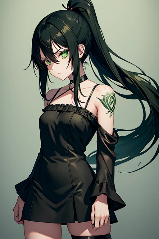 (8K、highest quality、masterpiece:1.2)、anime coloring、super resolution、Realistic、(1girl)  、(black hair to lime hair gradient hair,long straight hair:1.5)、(open stance),(red eye,glowing eyes:1.3),(messy hair:1.5,forehead:1.5),(portlate:1.3、face focus,upper body:1.5),(lace Dress with open chest: 1.3),
(clear face:1.3),(cute face),(flat chest:1.2),gradient background、(slender:1.3)