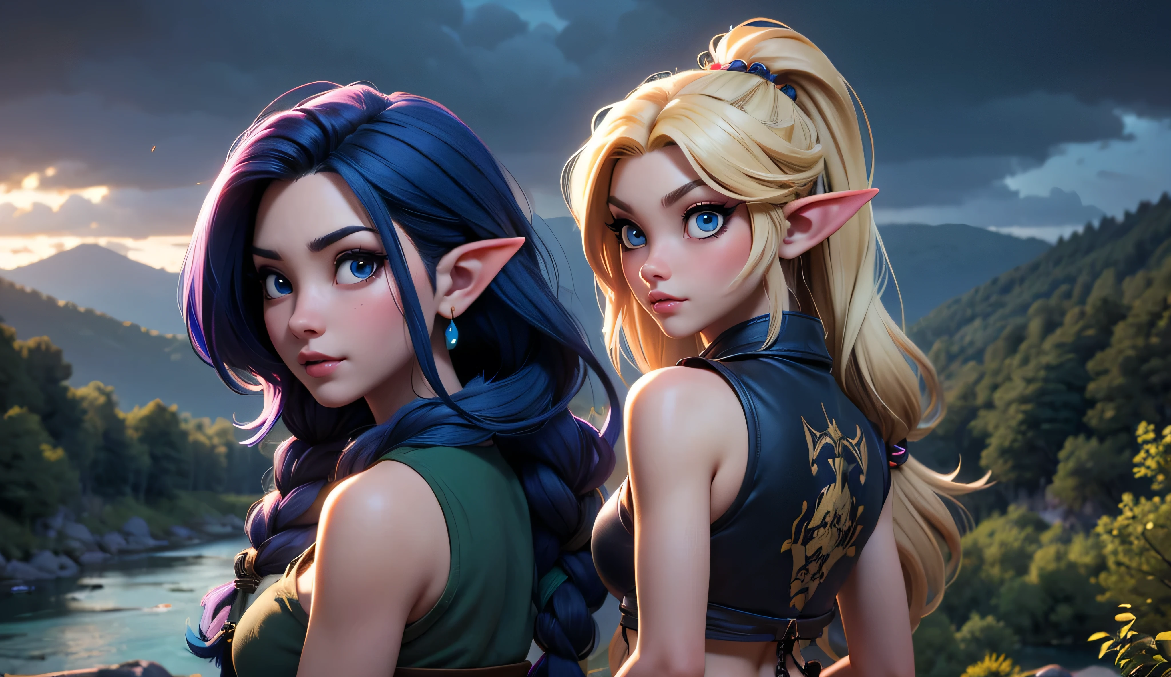 masterpiece, newest, absurdres, masterpiece, highly detailed, beautiful anime, lineart, realistic anime, semi realistic, extremely cute, ((very aesthetic, best quality, ultra detailed)), (perfect face, cute face, like face), fantasy background, extreme colors, Bavarian forest, mountainside, river, castle ruins, intricate details, colorful, ((dramatic lighting)), fantasy, young, girl, ((looking at viewer)), perfect face, ((torn clothes)), twinbraids, blonde, , elf girl, ponytail, sidelocks, pointy ears, sleeveless shirt, green thighhighs, black lips, mascara, Long eyelashes, dark elf, very long hair, multicolored hair, parody, braid, outdoors, messy hair, gradient hair, sleeveless, blue hair, twintails, hair ornament, looking back, bikini top only, tribal, loincloth, torn clothes, beads, hair beads, blue eyes, long hair, blonde hair