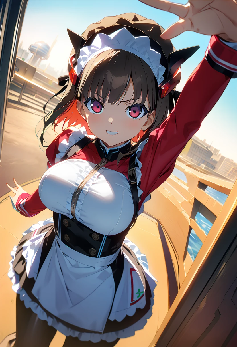 (Best Quality:1.2, 4K, 8k,   studio anime,  very detailed , Latest, Vibrant, high detail,  high contrast , masterpiece:1.2, Best Quality, Best aesthetics), ((( 1 girl))), Stand and pose, Maid, Maid服, Cyber Suit:1.2, サイバーパンクMaid服:1.4,  bodysuit,  headdress , frills, Mecha Dress Suit ,  blanking:1.2, smile, Dynamic Angle,  Dutch angle :1.3, Friendly atmosphere, Please raise your hand, Fun and young々Shii々Shii々 cool vibe , Precision and focus,  Brilliant Contrast ,