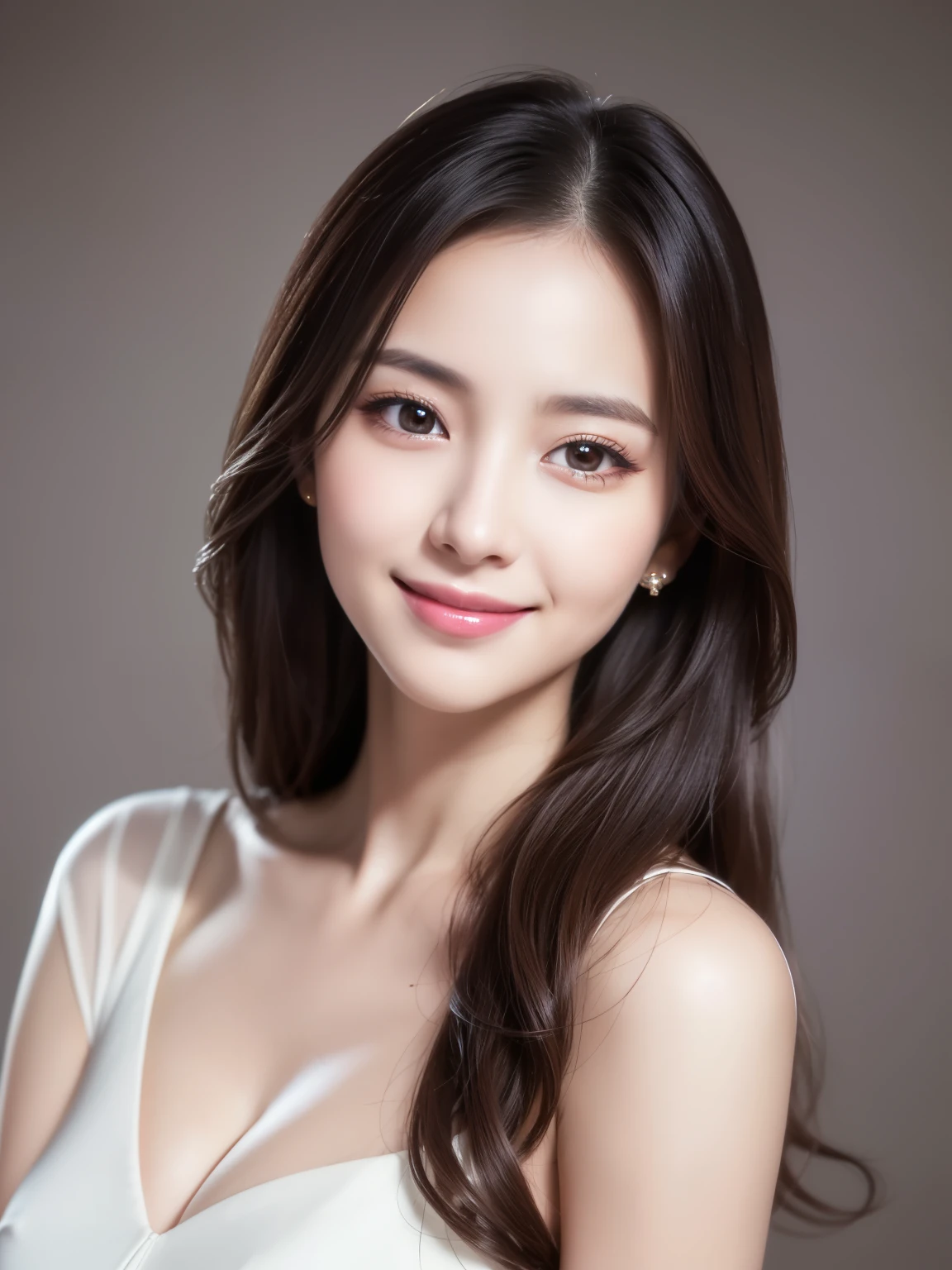 1woman,beautiful vintage color, ((smile)),instagram (photorealistic, high resolution:1.4), ((puffy eyes)),((long hair)), looking at viewer, , full body (8k, RAW photo, best quality, masterpiece:1.2), (realistic, photo-realistic:1.37),(sharp focus:1.2), professional lighting, photon mapping, radiosity, physically-based rendering, (pale skin:1.2),portrait, (simple background:1.4), solo, upper body, realistic,(masterpiece:1.4),(best quality:1.4),(shiny skin),makeup,smile(skinny,closed mouth,shy :1.3) 
