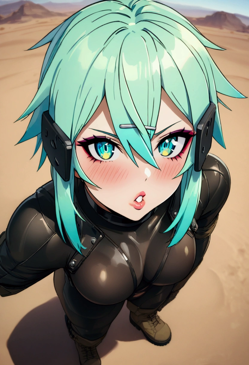 Sinon, desert view, Beauty, Beautiful eyes, blush, uhd, retina, masterpiece, ccurate, anatomically correct, textured skin, super detail, high details, high quality, best quality, highres, grin, combat boots, puckered lips, gloss lips, lipstick, 4K, eyeshadow, latex gloves, holding cash, eyeliner, blush, holding sniper rifle