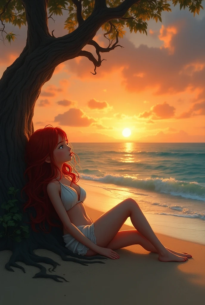 Professional photo, defined muscles, red hair, female back, girl sitting on her back on a wooden bench, bottom of a window overlooking the sea, hair being pulled, big white curtain, sunlight, turned back, top, white langerie, back view, (((ass up)))