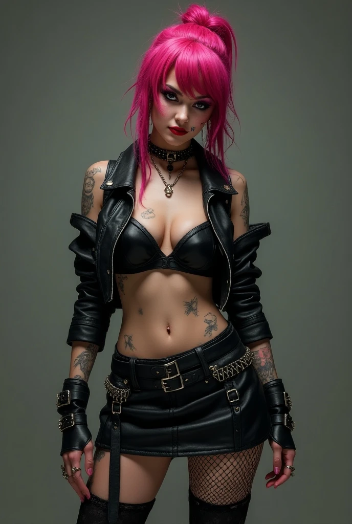 Heavy metal, biker girl with chains and spikes, fierce expression, very long hair spread in the wind, with strands of fuchsia, pink and red cores, powerful female rock star, heavy music, fierce woman, epic upright guitar solo, hyper detailed flaming guitar. Both hands in correct positions to play the guitar without deforming the fingers.black leather, dressed in a black leather jacket, a torn leather blouse, ripped jeans, dark eyeliner and black lipstick,