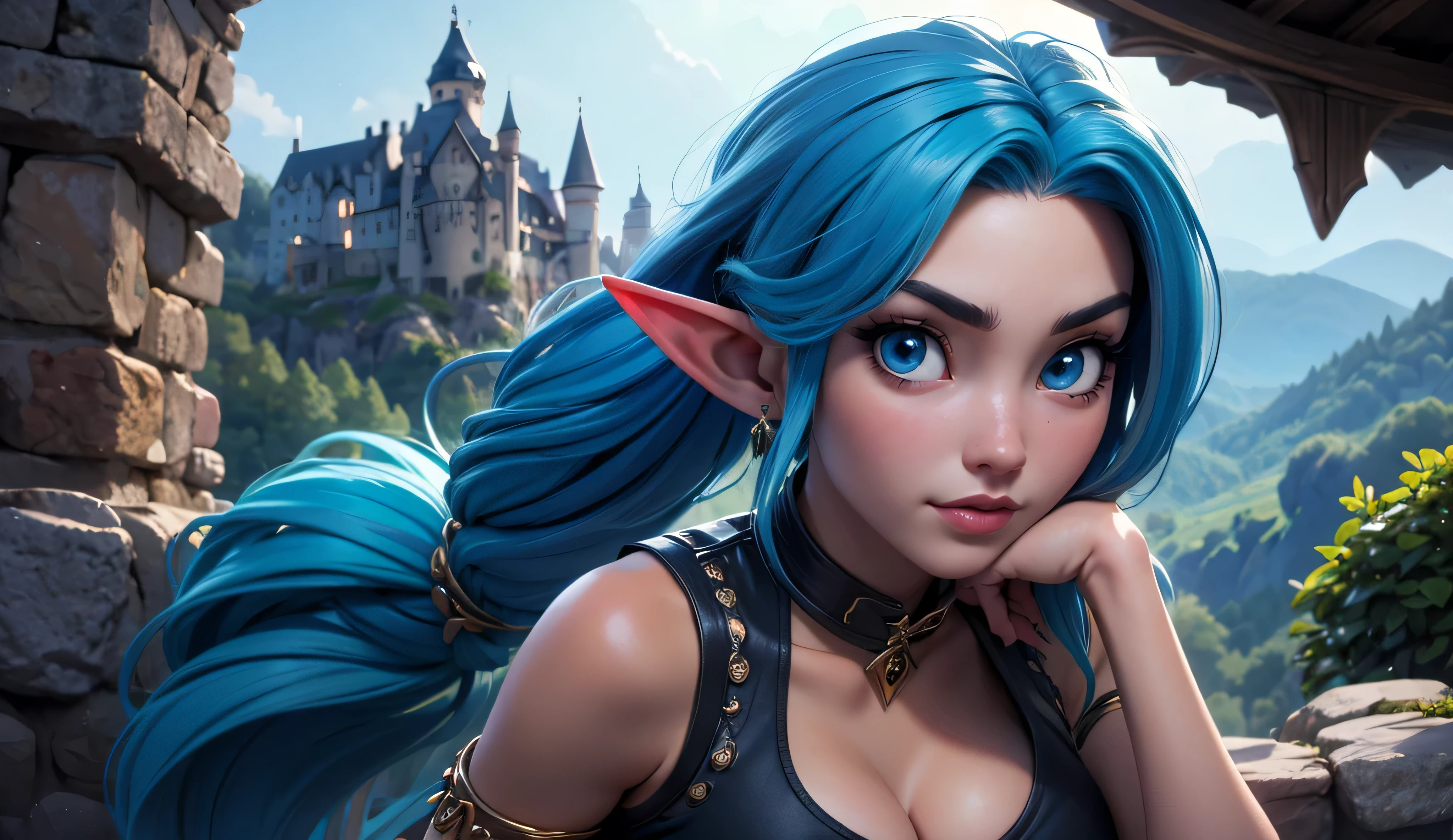 masterpiece, newest, absurdres, masterpiece, highly detailed, beautiful anime, lineart, realistic anime, semi realistic, extremely cute, ((very aesthetic, best quality, ultra detailed)), (perfect face, cute face, like face), fantasy background, extreme colors, Bavarian forest, mountainside, river, castle ruins, intricate details, colorful, ((dramatic lighting)), fantasy, young, girl, ((looking at viewer)), perfect face, ((torn clothes)), twinbraids, blonde, , elf girl, ponytail, sidelocks, pointy ears, sleeveless shirt, green thighhighs, swimsuit, cleavage, black lips, mascara, Long eyelashes, dark elf, very long hair, multicolored hair, parody, braid, outdoors, messy hair, gradient hair, sleeveless, blue hair, twintails, hair ornament, bikini top only, tribal, loincloth, torn clothes, beads, hair beads, blue eyes, long hair, blonde hair