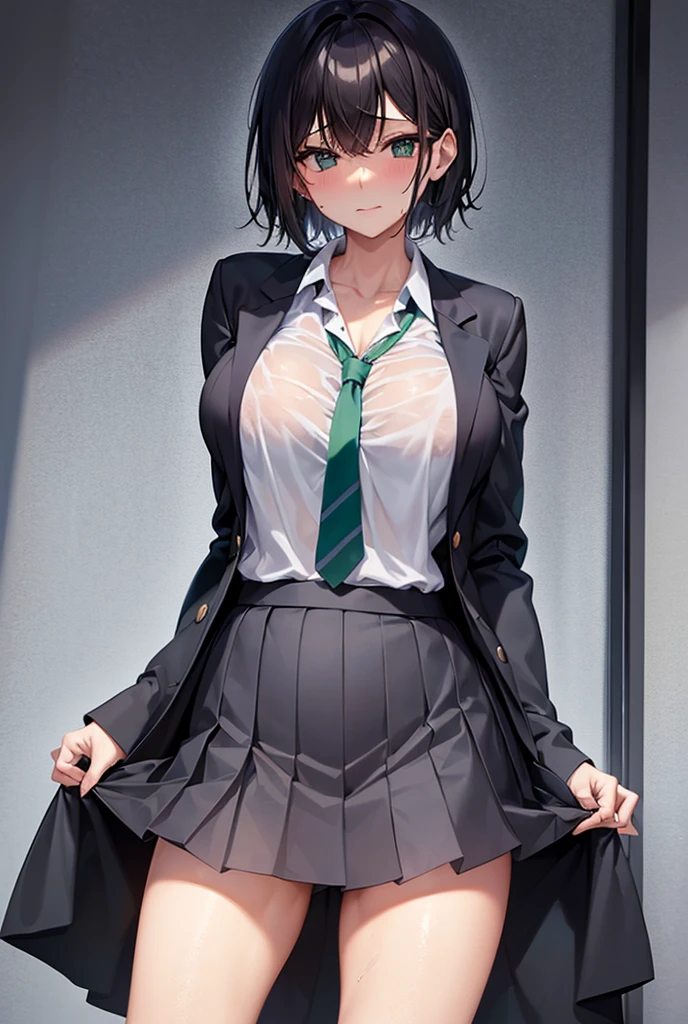 masterpiece, best quality,high resolution、realistic、Detailed、((extremely delicate and beautiful fabric):1.3)、 8k、large boob、 1girl, solo, skirt, jacket, shirt, blue eyes, white shirt, necktie, green necktie, black hair, pleated skirt, socks, diagonal-striped necktie, open jacket, open clothes, striped necktie, collared shirt, black jacket, black skirt, striped, blazer, short hair, long sleeves, bangs, , black socks, diagonal stripes, hairband, hair ribbon, ribbon, blue hairband, dress shirt, bow, cowboy shot, smile,cleavage、classroom、(skirt lift:1.5)、(kneeling:1.5)、(show off pussy)、pussy juice、embarrassed、perfect pussy