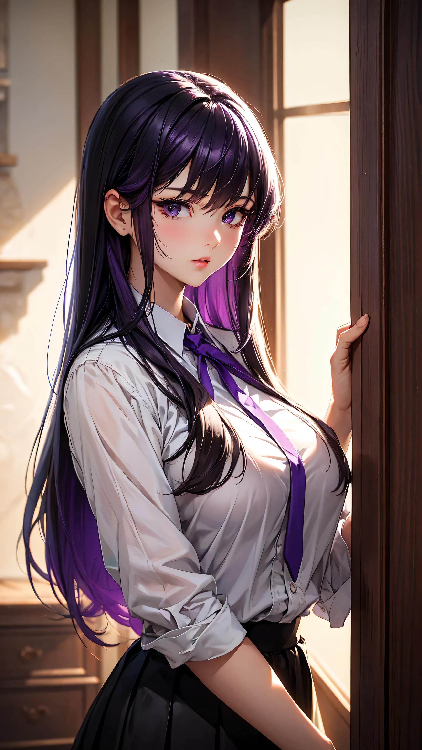 (best quality:1.1), (Masterpiece:1.2), High quality shadow, Beautiful details, Beautiful face, Detailed eyes, depth of field, High resolution, best shadow, best lighting, 1 girl, Komi Shouko, see viewers, purple hair, smooth, blunt, long hair, purple eyes, shy, very big breasts, black short skirt, women's shirts, fashion suit jacket, pump, high school girl,rift, , classroom background, women's tie