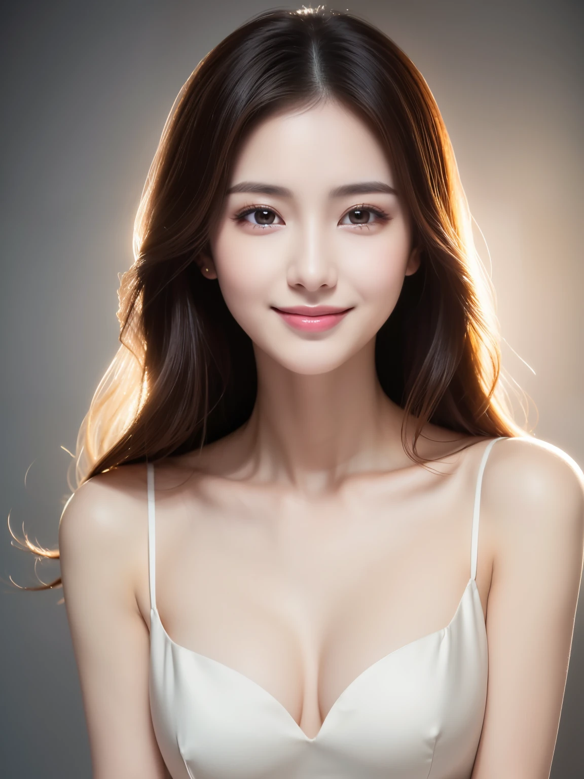 1woman,beautiful vintage color, ((smile)),instagram (photorealistic, high resolution:1.4), ((puffy eyes)),((long hair)), looking at viewer, , full body (8k, RAW photo, best quality, masterpiece:1.2), (realistic, photo-realistic:1.37),(sharp focus:1.2), professional lighting, photon mapping, radiosity, physically-based rendering, (pale skin:1.2),portrait, (simple background:1.4), solo, upper body, realistic,(masterpiece:1.4),(best quality:1.4),(shiny skin),makeup,smile(skinny,closed mouth,shy :1.3) 
