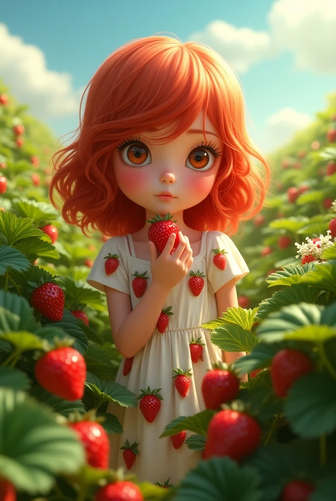 a happy little girl with red hair, beautiful face,short hair with bangs, wearing a red dress with a strawberry texture, in the style of a Disney Pixar cartoon, playing in a stramberry fields on a sunny day, dont look the camera