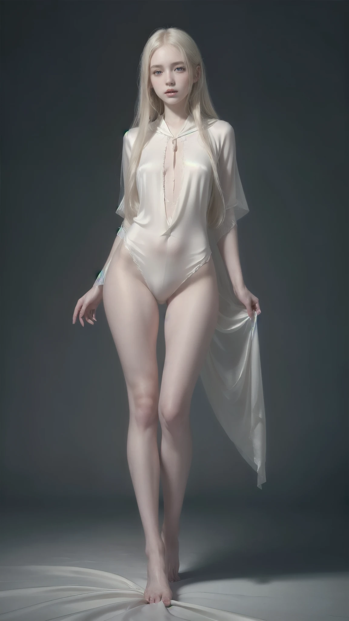 Long blonde hair , the model is wearing an ankle length silver satin cloak tied at the neck and nothing else, she is naked ,  Magali Vil, concept art, 
hyperrealism, elegant cape, high detailed photography cape,
with cape, wearing a cape,