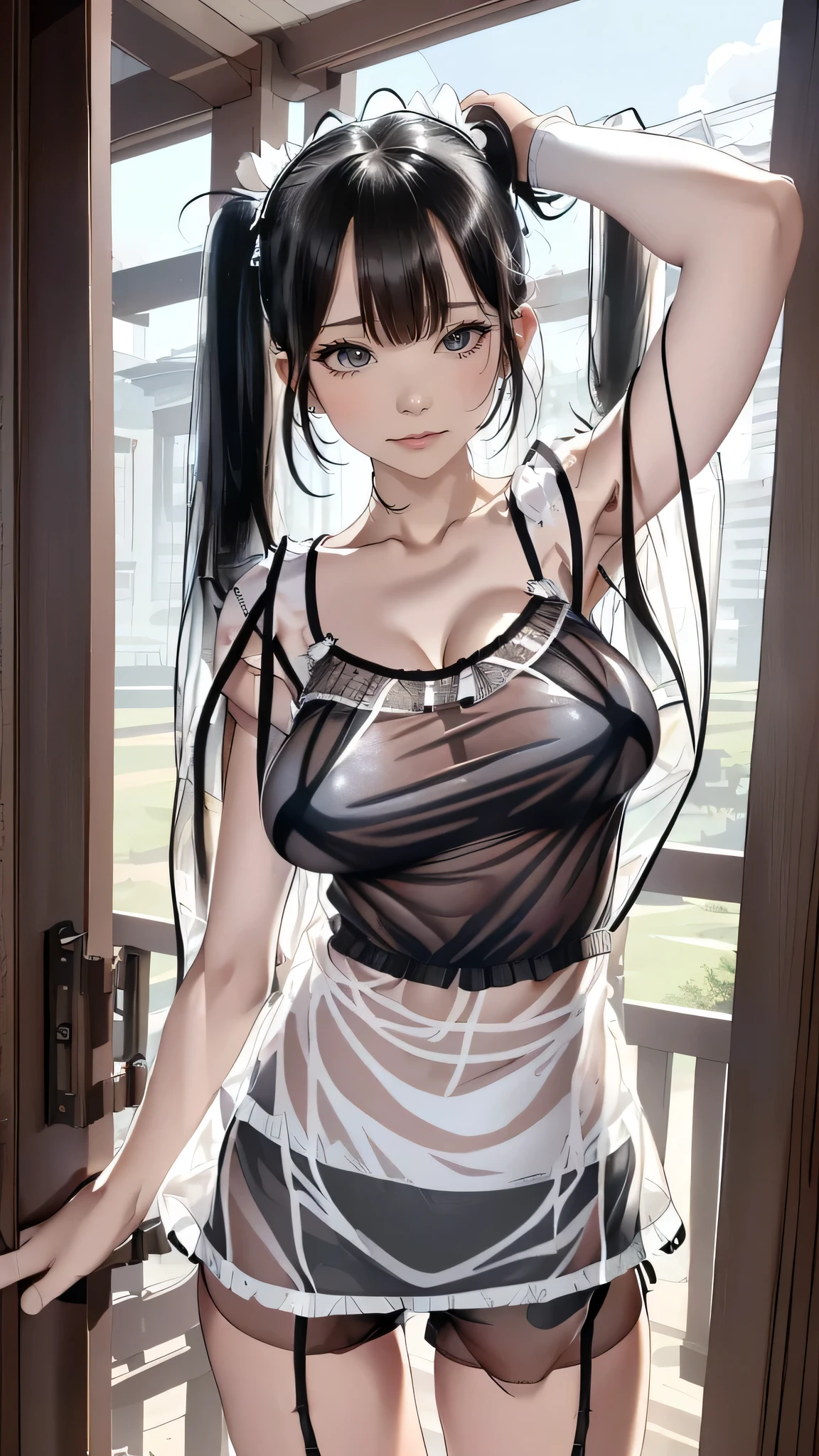 Optimal，masterpiece，High resolution，highest quality，(Cowboy Shot)、Cute Face，((Both arms behind the head))，Black Hair、Long Hair、Twin tails、Long eyelashes，Drooping eye corners，Are standing、Thin legs、White skin，((Shoot from the front:1.5)), ((See-through camisole:1.5)). ((Beautiful nipples))、((Big Breasts:1.3)), 