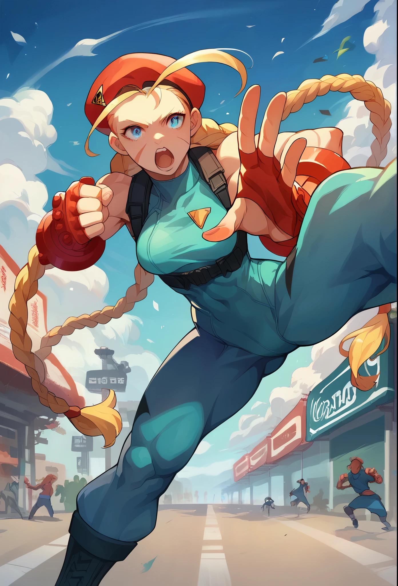 Realistic image of young Cammy from Street Fighter II, kicking over the observer. exterior, Chinese commercial street, Ultra detailed, open mouth, braided pigtails, blue eyes, dynamic pose