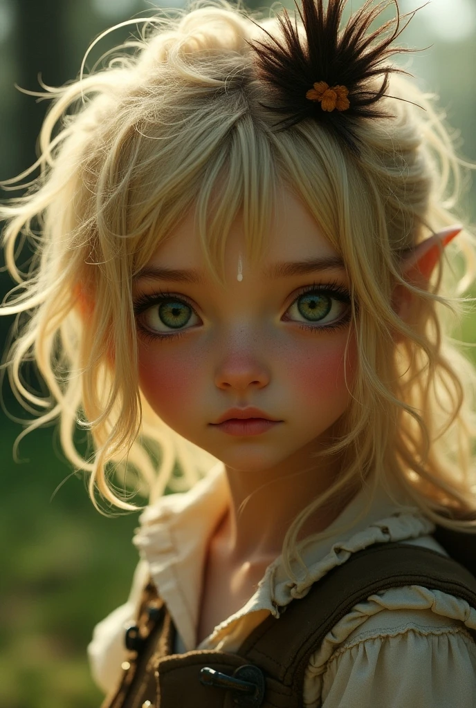 (Realystic:1.4), analog photo style, depths of field, (a blond-haired adult Pixie with different eyes), (small leaves and insects got tangled in wet hair), wide waist, (her full body is a visual pleasure), view from above, dark fantasy atmosphere, deep shadows with the some sun rays, a delicate balance between reality and fantastic, faded colours, great quality, Masterpiece, most detailed blurred surreal background, naturally cinematic light, 16k quality, kodak porta 400, bokeh.