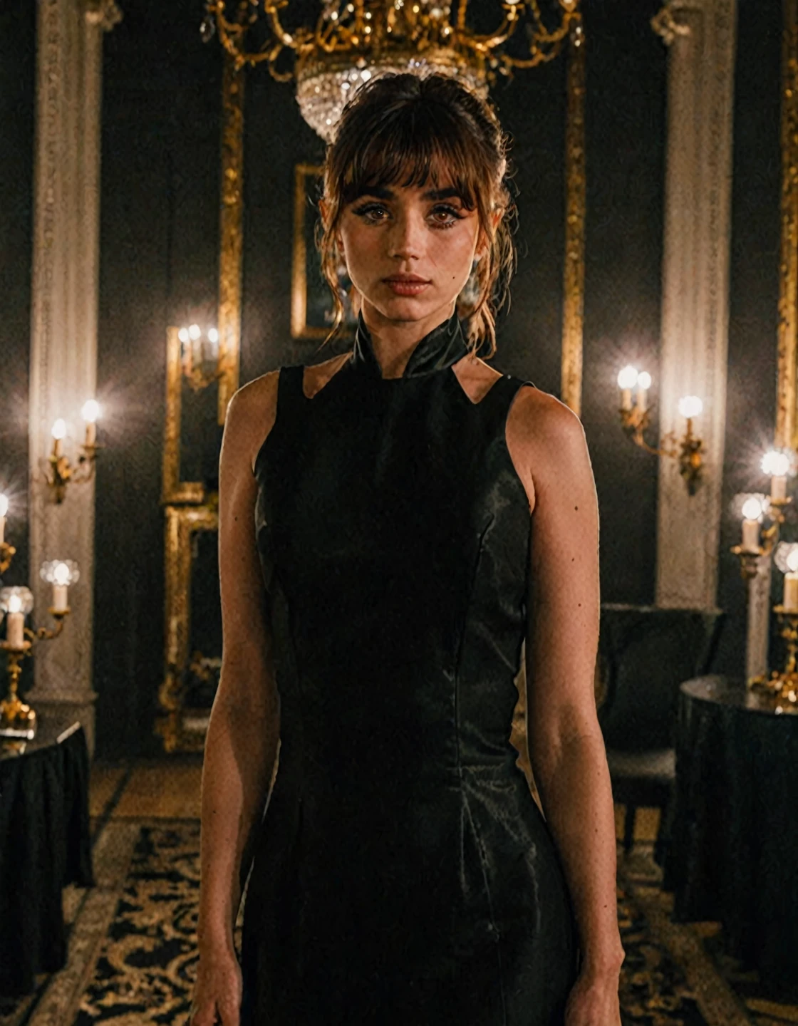 woman j0i,hair bangs ,  spectacular lighting  ,volumetric lighting,looking at the camera, depth of field ,in a black elegant dress