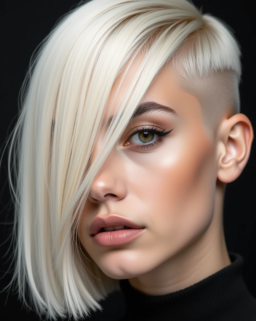 Portrait of Nexia a young woman with a striking asymmetrical haircut:
Hair is parted slightly off-center, with the longer side sweeping across the left side of her face, partially covering her eye. The right side is tucked behind her ear, revealing more of her face. Hair length is just above the chin, with the ends perfectly straight and blunt cut. The platinum blonde color is uniform and bright, with a subtle warm undertone. The overall look is edgy, modern, and stylish, with the blonde color adding a bright, striking effect.
Image style: High-fashion editorial, ultra-sharp focus, hyper-realistic detail