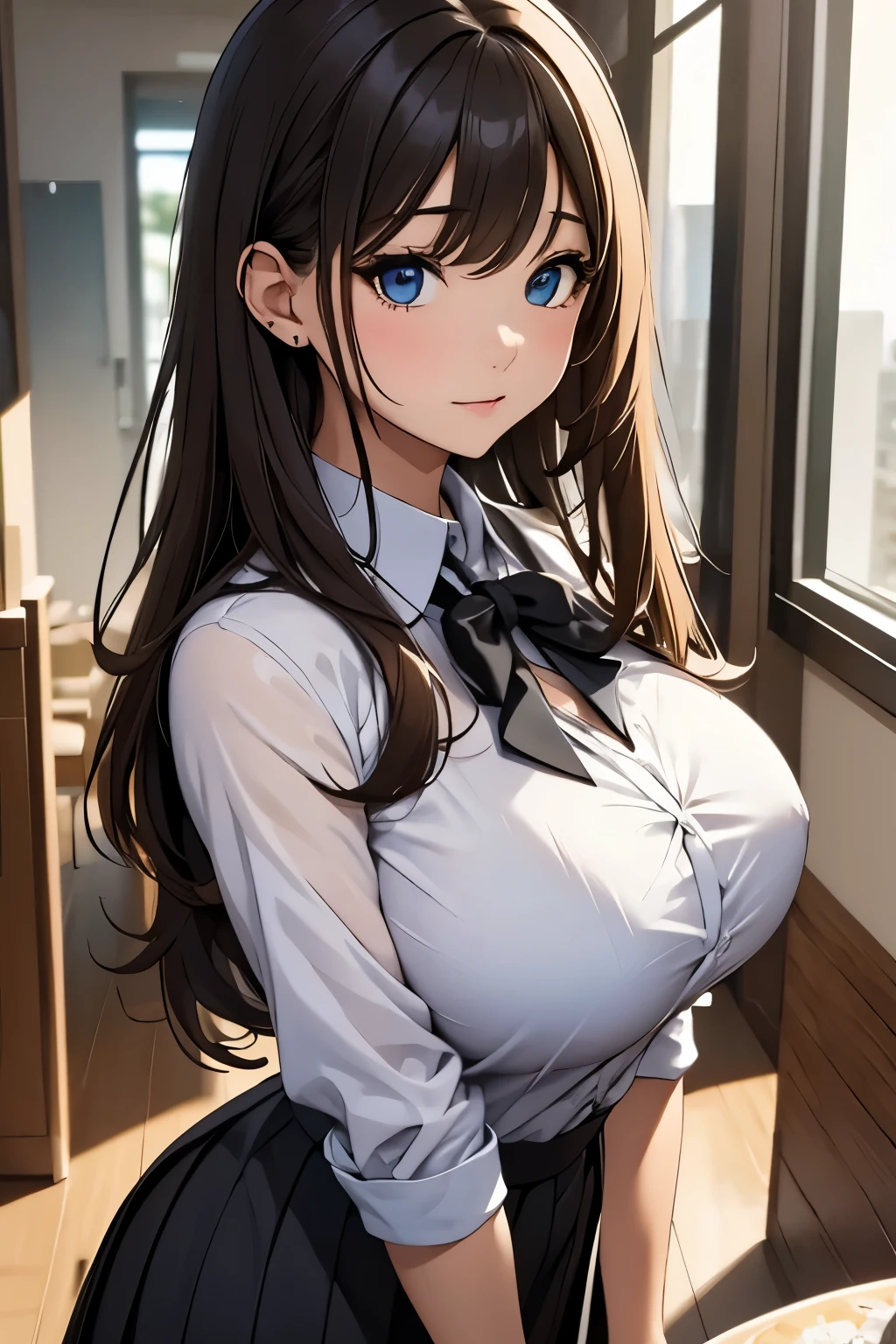 Masterpiece, best quality, beautiful girl, beautiful face, uniform, shirt, skirt, big breasts,