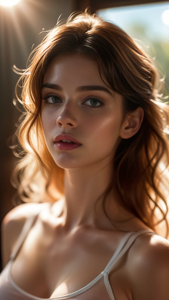 (((ultra realistic))) Photo, masterpiece, top quality, (pale skin), (Ultra detailed face and eyes:1.3), 1 girl, Adult, in a T-shirt, full body, (Eye makeup, mascara) , ((large detailed lips)), ((ash wavy hair)), ((Chyolka)) , (Natural breasts), Slim waist. ((Posing)), photoshoot, studio (soft lighting), (The play of light and shadows), depth of field, bokeh, (special attention to skin detail: 1.2), Detailed leather texture, skin pores. (Airy atmosphere of the frame. Color range - delicate, Bright, white, Pink tones), UDR, ((Film grain)), ((rays)), ((glare of the sun)), ((waist up portrait, close to the camera)) , ultra detialed,